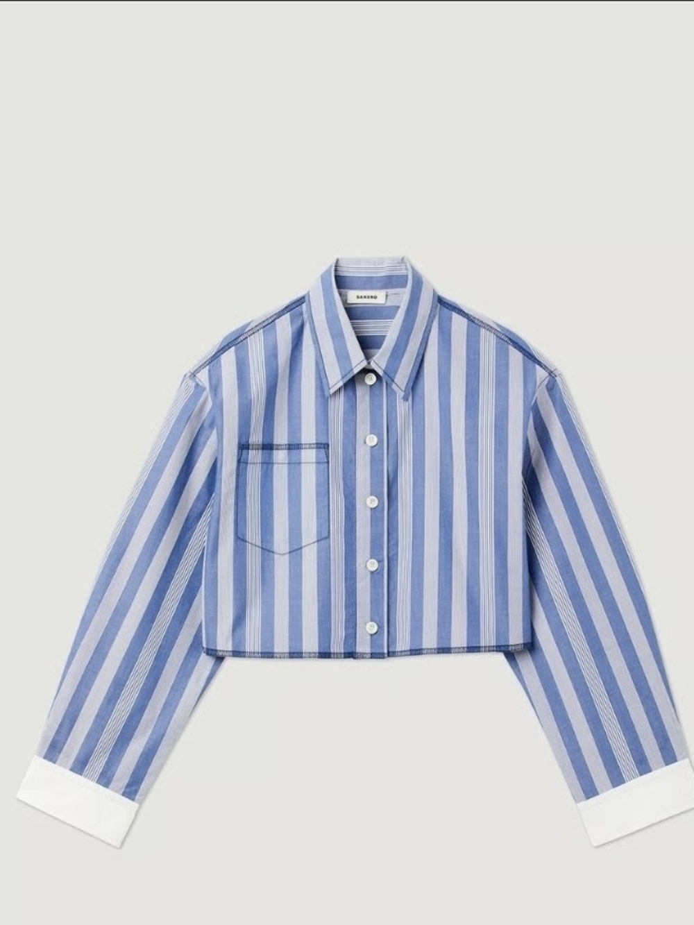 Sandro Blue & White Vertical Stripe Cropped Button-Down
